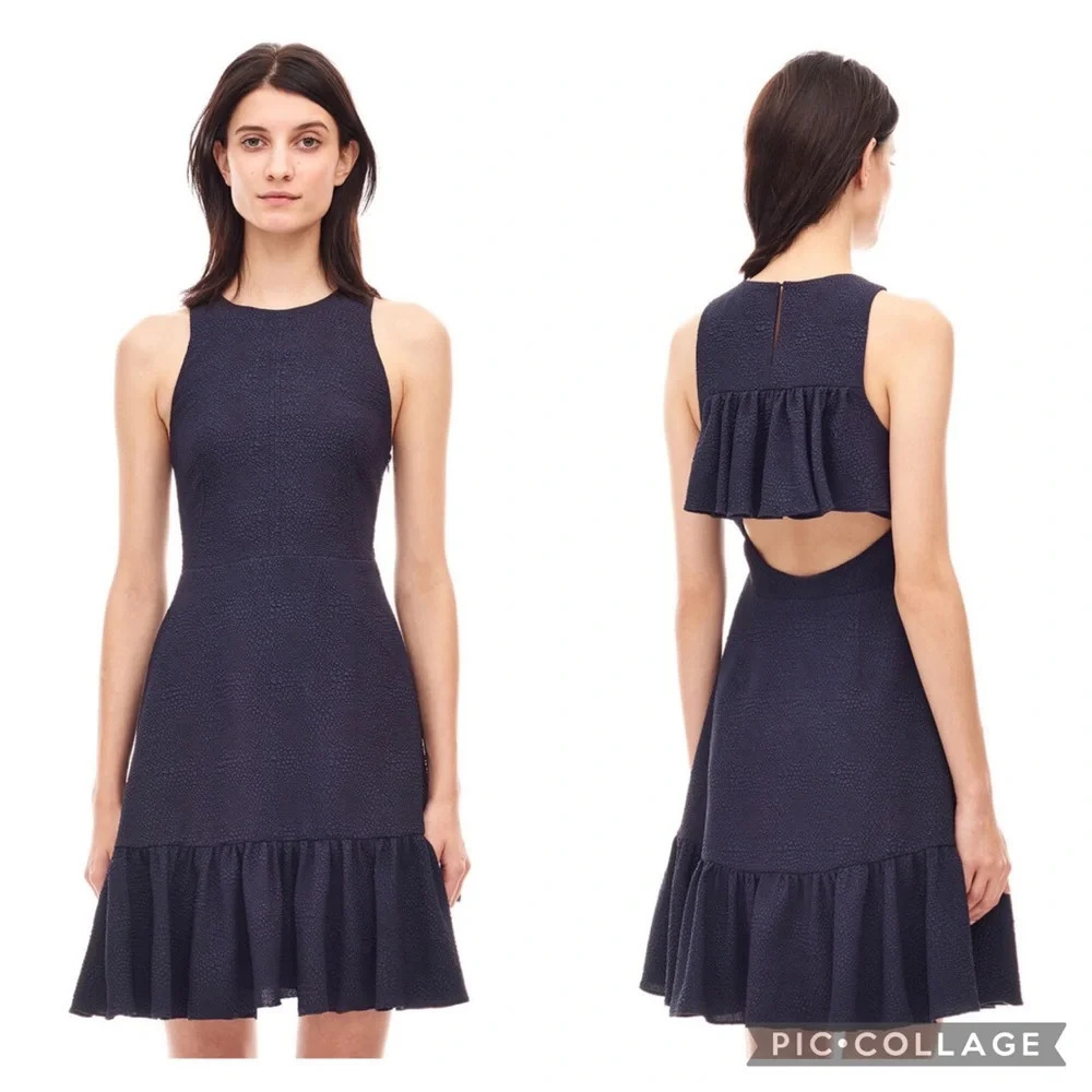 Rebecca Taylor Textured Ruffled Dress Navy Blue Sz 0